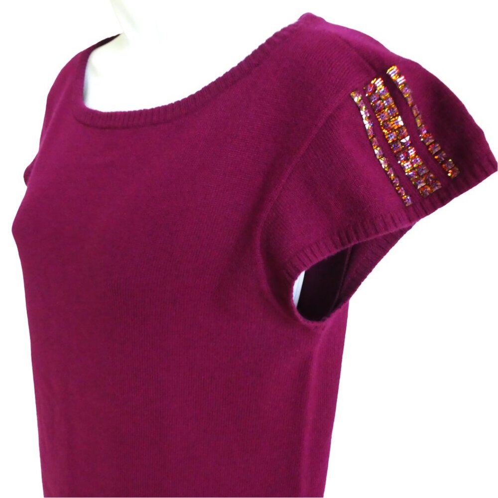 iisli Pure CaSHMeRe Sweater Berry Scoop Neck Short Sleeve Multifaceted Beads L